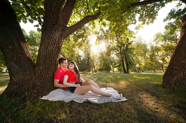ζευγάρι στην αγάπη που κάθεται κάτω από ένα μεγάλο δέντρο στο πάρκο - Φωτογραφία, εικόνα