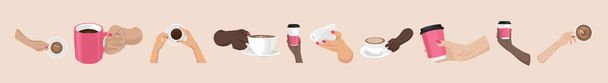 Набор рук с чашками кофе на бежевом фоне - Вектор,изображение
