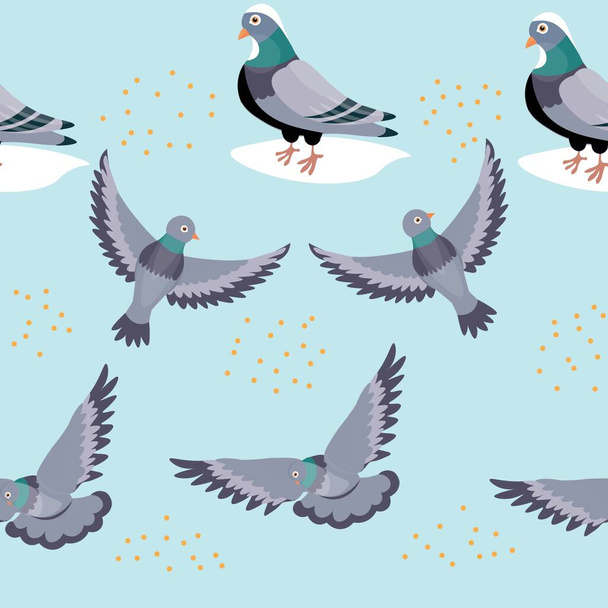 Viele graue Tauben auf hellblauem Grund. Nahtloses Muster für Design - Vektor, Bild