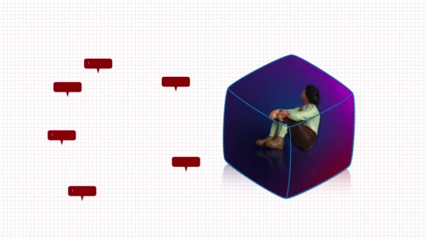 Een miniatuur persoon zittend in een doos grafiek. Concept van sociale problemen cyberpesten. - Video