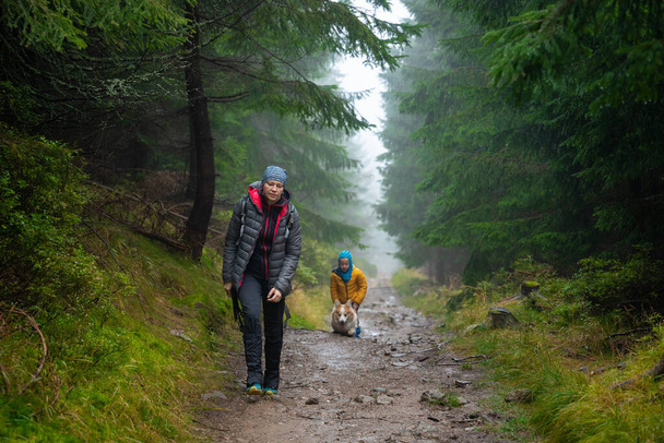 Mamãe e seu filhinho vão em uma trilha de montanha em tempo de outono molhado. Eles são acompanhados por um cão. Montanhas polacas - Foto, Imagem