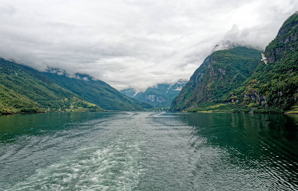 Destino de viaje al norte de Europa: Vista de Aurlandsfjord al acercarse a Flaam, Noruega. Hermosa vista del fiordo noruego desde un viaje en barco de crucero. 15 de julio de 2012 - Foto, imagen