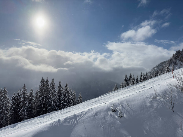 ハネンカム山のロイテの冬のスポーツリゾートで非常に急なスキー場のサイドビュー新鮮な雪 - 写真・画像