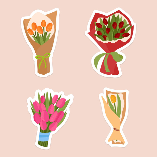 Collection of colorful tulips bouquet stickers . Set of isolated flowers in craft paper packaging - Vektor, obrázek