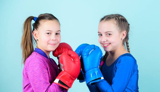 Fitness diet. energy health. Sport success. Friendship. workout of small girls boxer in sportswear. Happy children sportsman in boxing gloves. punching knockout. Childhood activity. Caucasian boxer. - Zdjęcie, obraz