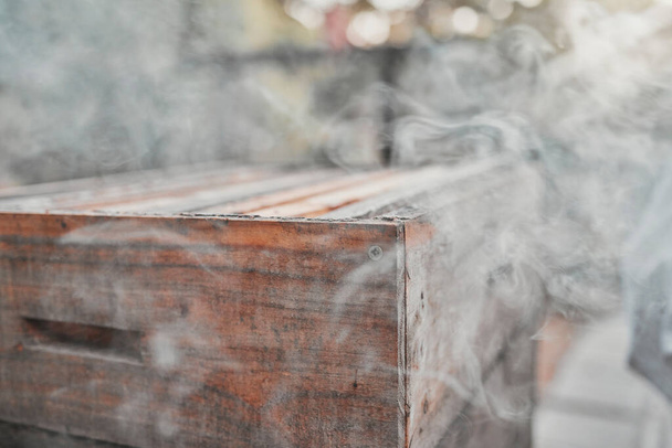 Smoke, wood box and bee farm or agriculture background for beekeeping and apiarist farming outdoor for honey, honeycomb or food. Bee smoker, equipment and natural medicine with organic beeswax. - Foto, imagen