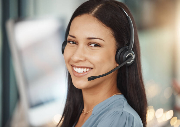 Customer service, corporate portrait of woman in telemarketing business working in office. Professional helpdesk support operator girl working in consulting career with confident smile - Фото, изображение