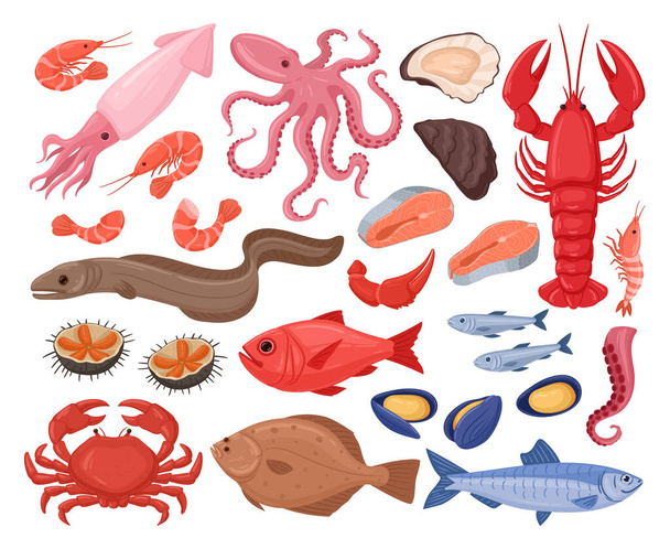 Cartoon seafood. Lobster, oyster, crayfish, shellfish, tuna and salmon, mediterranean diet, tasty seafood menu flat vector illustration set. Fresh sea food collection - Vektor, Bild
