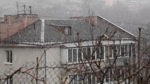 Χιονίζει πάνω από πόλη σε θλιβερή μέρα - Πλάνα, βίντεο