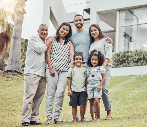 Big family, parents or children bonding in new house garden after mortgage loan, home finance or real estate investment. Portrait, smile or happy kids with senior grandparents with property insurance. - Fotoğraf, Görsel