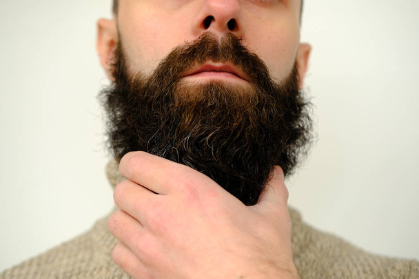 close-up of part of male face, young bearded man, guy with 30 years strokes his thick beard with his hand, concept of mustache and beard stubble care products, hairline hygiene on lower part of face - Foto, Imagem