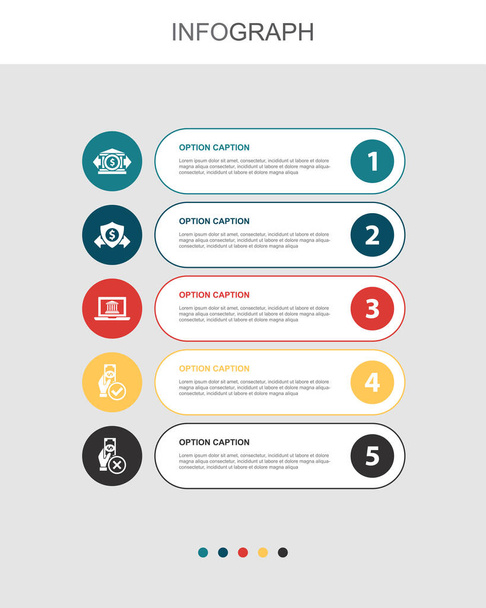 bank transfer, secure transaction, online banking, approved payment, declined payment, icons Infographic design layout template. Creative presentation concept with 5 options - Vettoriali, immagini