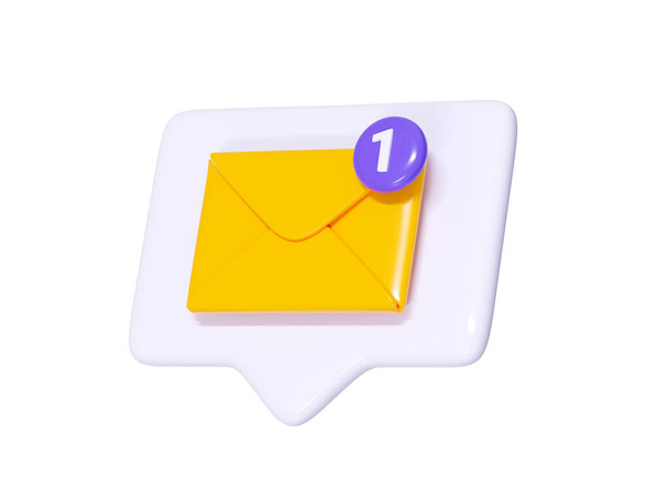 Message notification 3d render - yellow closed envelope with number notice on white speech bubble. New income message or newsletter icon. Chat reminder about mailbox receive. - 写真・画像