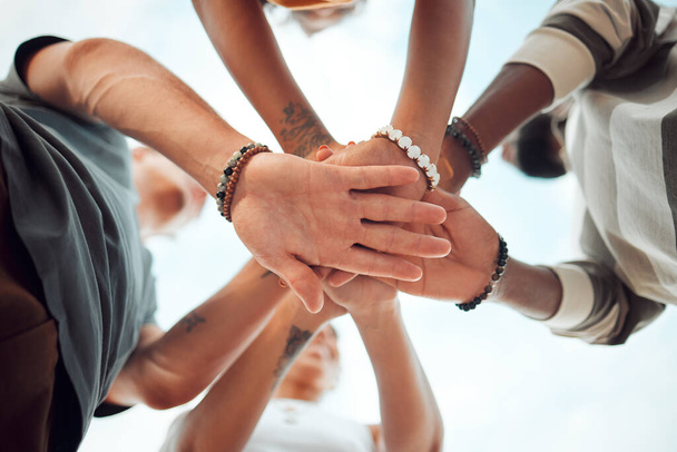 Support, community and teamwork with hands of friends from bottom for goals, vision or networking together. Motivation, collaboration and growth with circle of people for mindset, mission or contact. - Foto, imagen