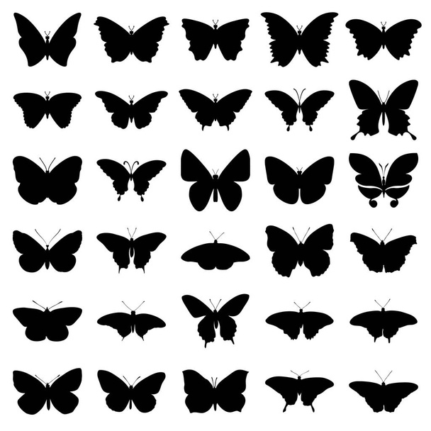 Векторный набор черных силуэтов бабочек на белом фоне. - Вектор,изображение