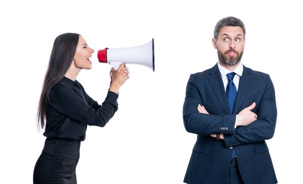 businesspeople argue with loudspeaker. photo of businesspeople argue with loudspeaker. businesspeople argue with loudspeaker isolated on white. businesspeople argue with loudspeaker in studio. - Photo, Image