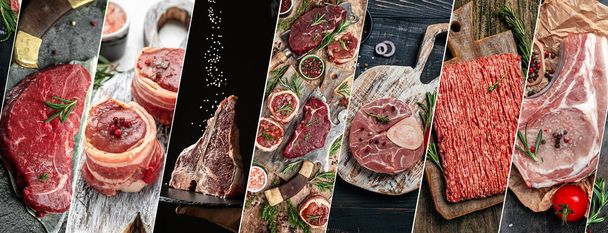 surowy stek mięsny baner, przepis menu Długi format banera, widok z góry, - Zdjęcie, obraz