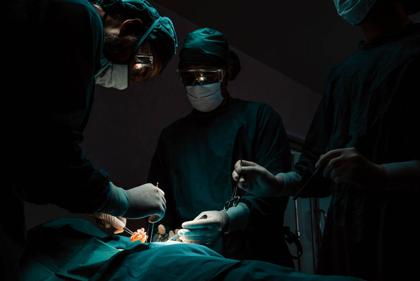 Equipo quirúrgico realizando cirugía al paciente en quirófano estéril. En una sala de cirugía iluminada por una lámpara, un equipo quirúrgico profesional y seguro proporciona atención médica a un paciente inconsciente. - Foto, Imagen