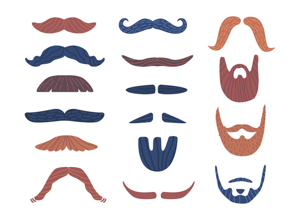 Conjunto de bigotes y barbas con estilo masculino, parte de la apariencia de los hombres. Elementos para Hombre Productos de aseo, Peluquería Accesorios de Moda, Estética Masculina. Ilustración de vectores de dibujos animados, iconos - Vector, imagen