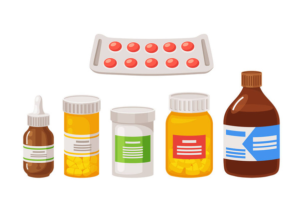 Set of Medical Pills or Medications, Pharmacy and Drugstore Production. Blister, Bottles or Jars with Drugs. Conceptual Icons for Health Care, First Aid, Illness Treatment. Cartoon Vector Illustration - Vector, Image
