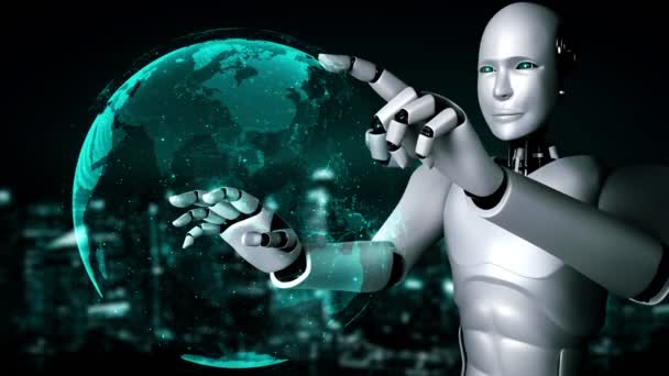 El robot hominoide AI que toca la pantalla del holograma muestra el concepto de red global de la comunicación usando el pensamiento artificial de la inteligencia por el proceso de aprendizaje automático. 3D renderizado gráfico por ordenador. - Metraje, vídeo