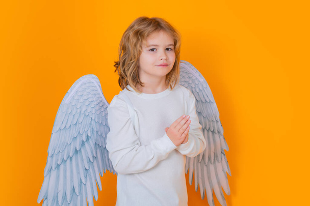 Ангельские молитвенники. Парень в ангельском костюме белое платье и пернатые крылья. Невинное дитя - Фото, изображение
