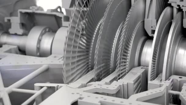 Primer plano del rotor giratorio de la turbina de vapor de equilibrio. Medios. Fondo industrial con mecanismo de giro rápido - Metraje, vídeo