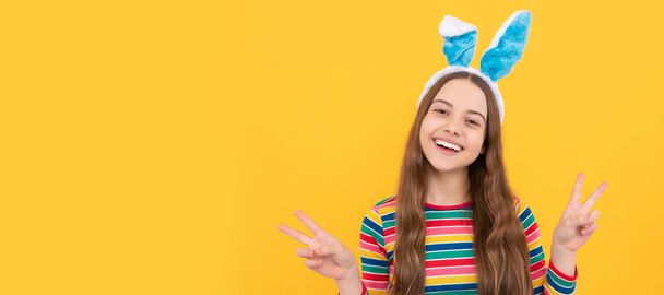 bunny is coming. happy easter holiday. funny child in hare ears. teenager girl wear rabbit costume. Easter child horizontal poster. Web banner header of bunny kid, copy space - Fotografie, Obrázek