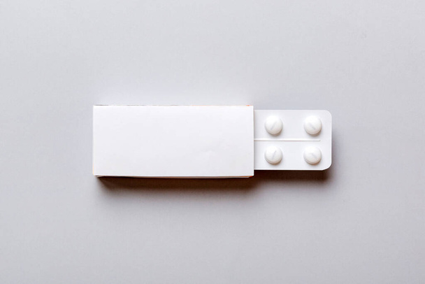 Blank White Product Package Box Mock-up. Open blank medicine drug box with blister top view. - Photo, Image