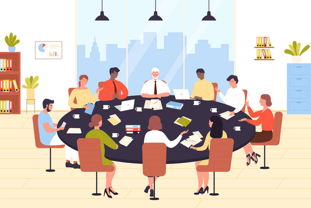 Teamwork of business people sitting at round office table vector illustration. Cartoon corporate team meeting at conference together, employees and chairman characters sit to discuss and exchange idea - ベクター画像