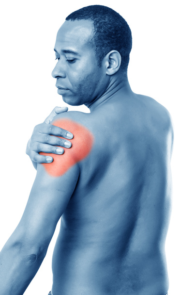 Homem africano com dor de ombro
 - Foto, Imagem