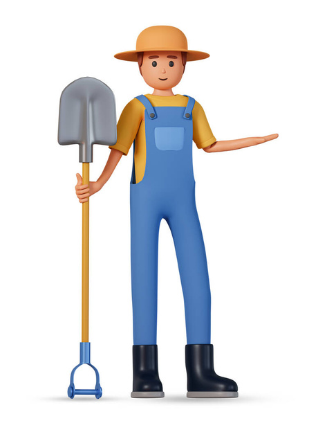 Farmer in overalls, hat and rubber boots hold shovel and showing something with hand front view 3d illustration. 3d illustration of gardener man standing with shovel and pointing to the side - 写真・画像
