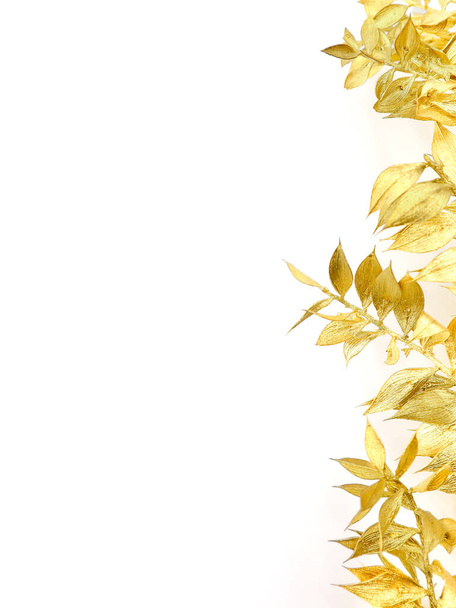 Gold plant leaves. Invitation card. Wedding card. White background. Mock up. High quality photo - Fotó, kép