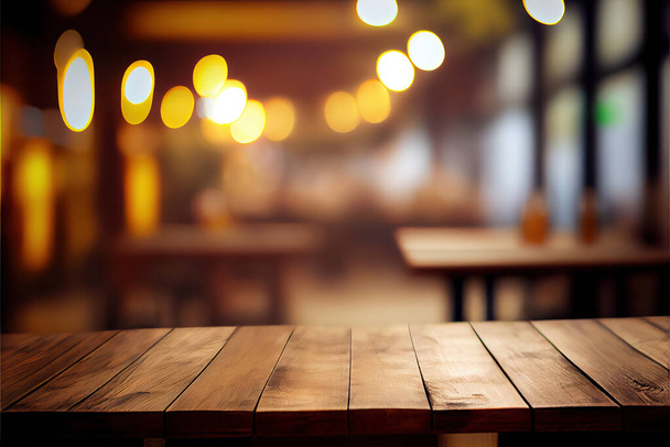 Empty wood table for product display in blur background of admirable restaurant at night - Foto, Bild