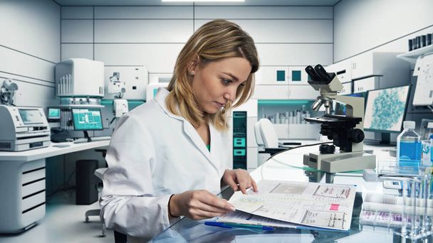 Caucasian female scientist, biologist, biochemist works in research laboratory.Caucasian worker performs experiments in pharmaceutical or academic research facility. - Foto, imagen