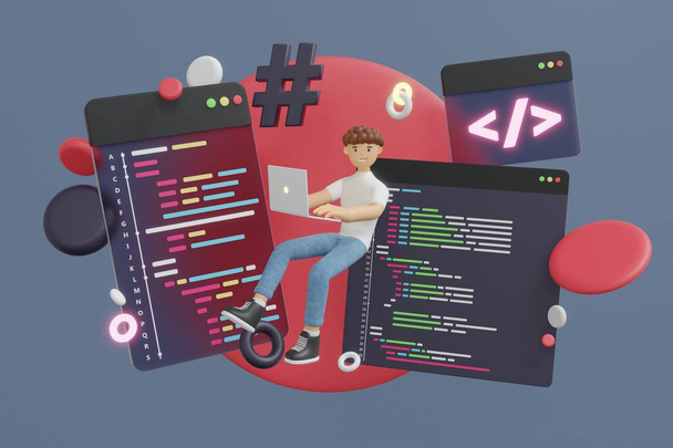 3D Character Man scrive codice sul computer. Concetto di programmazione e codifica, simbolo del codice per la progettazione del tuo sito web, logo - rendering 3D - Foto, immagini