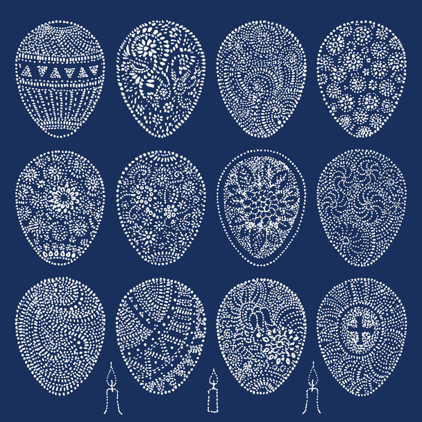 Hand drawn Easter eggs. Vector set with white spotted texture on a dark blue background  - Vektor, Bild