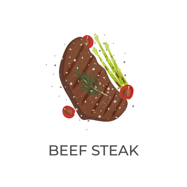  Logo Ilustración Vector Beef Steak a la parrilla y servido con espárragos y tomates frescos - Vector, Imagen