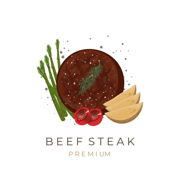 Logotipo de ilustración vectorial del filete de res a la parrilla con espárragos de verduras Patatas Tomates y sal Espolvorear pimienta - Vector, imagen