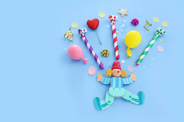 Top view image of party and present objects on pastel background - Фото, зображення