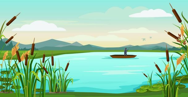 Cartoon lake landscape. Fisherman fishing in boat on pond with reeds, catching fish. Nature vector background illustration. Man having outdoor leisure activity, hobby. Character in wildlife - Vettoriali, immagini