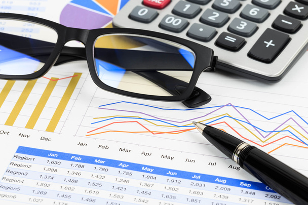 Marketing report chart or graph analysis with glasses, calculato - Photo, Image