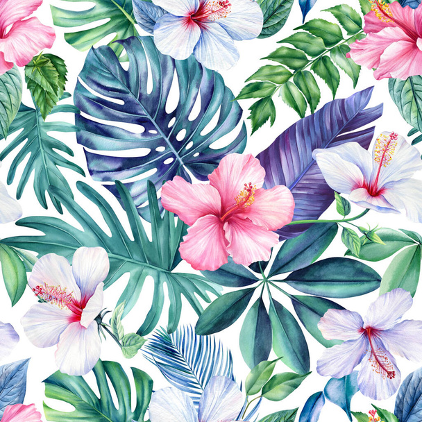 Tropical Leaves, watercolor Illustration. Trend jungle seamless pattern, floral background. Modern art. High quality illustration - Фото, зображення