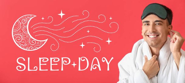 Banner for International Sleep Day with young man using sleeping mask and ear plugs - Photo, Image