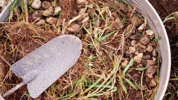Kerti tereprendezés talajszita és ásó felülről lapos pásztázás 4k lövés szelektív fókusz - Felvétel, videó