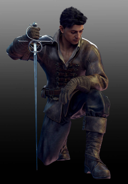 Fantasy Mężczyzna rycerz lub pirat w skórzanej zbroi z mieczem i pistoletem - Zdjęcie, obraz