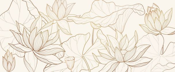 Botanical line bakground with lotus or water lily flowers and leaves. Floral foliage for wedding invitation, wall art or card template. Vector illustration. Luxury rustic trendy art - Vektör, Görsel