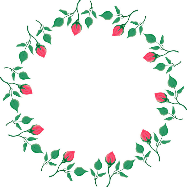 Elegant circle border with floral pattern motif made of pink rose flowers with leaves - Διάνυσμα, εικόνα