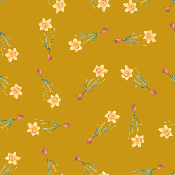 Watercolor botanical realistic floral pattern with narcissus. Bright yellow daffodil on a white background. Natural and vibrant repeated print for textile, wallpaper. Spring flowers - Фото, изображение