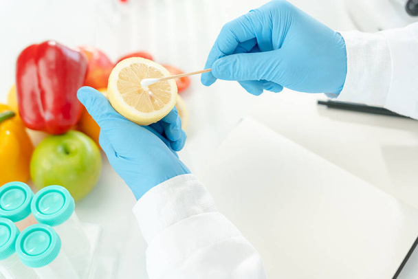 Scientist check chemical food residues in laboratory. Control experts inspect quality of fruits, vegetables. lab, hazards, ROHs, find prohibited substances, contaminate, Microscope, Microbiologist - Photo, Image